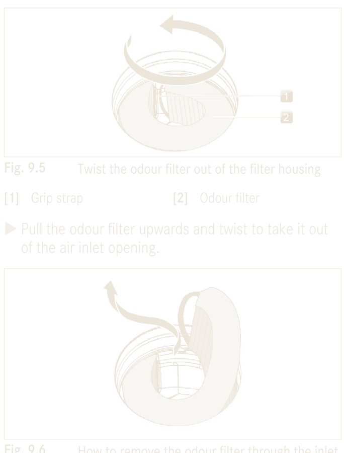 Pull the odour filter by its strap and rotate it out through the inlet opening.